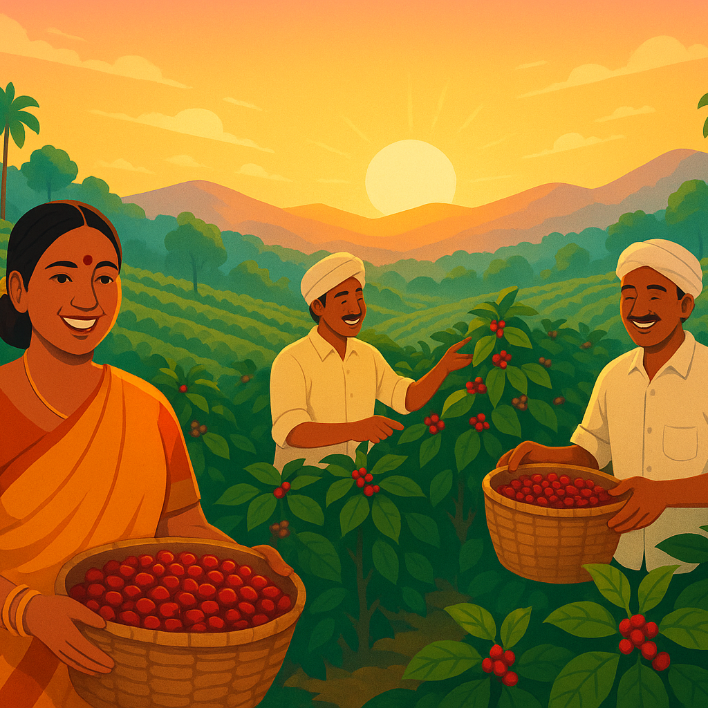 Illustration of people harvesting coffee beans in a lush green coffee plantation with a sunset in the background.