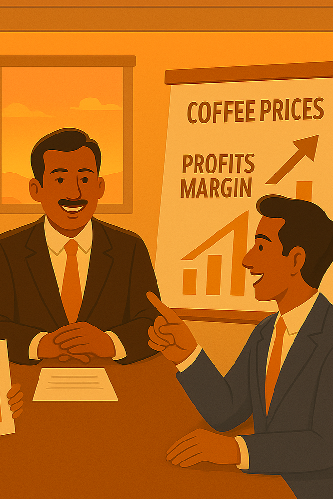 Illustration of three people in a meeting discussing coffee prices and profits.